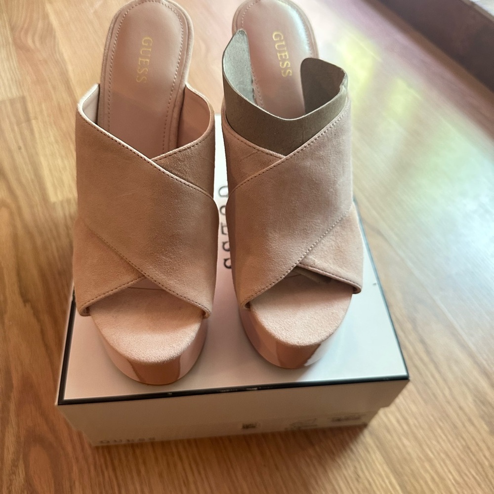Guess Tan Mules with Chunky Platform and Crossover Design